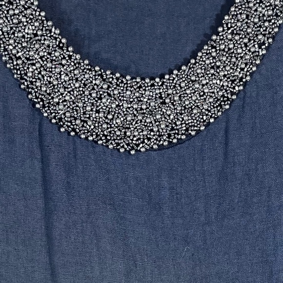 LINA TOMEI 100% Linen Blue Sleeveless Dress Beaded Neckline Side Pockets Size L - Picture 3 of 13